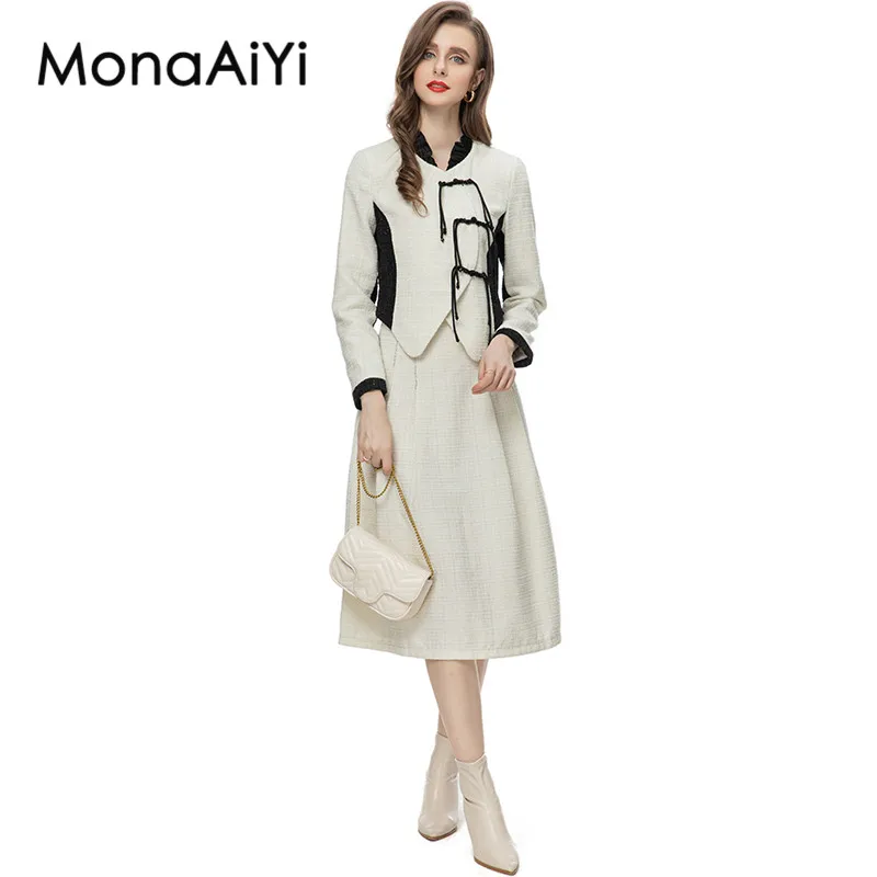 

MonaAiYi High Street Fashion Designer Women's Ruffle Collar White Tweed Tops Jacket+Fishtail Midi Skirt 2pcs Set 2023 Newest