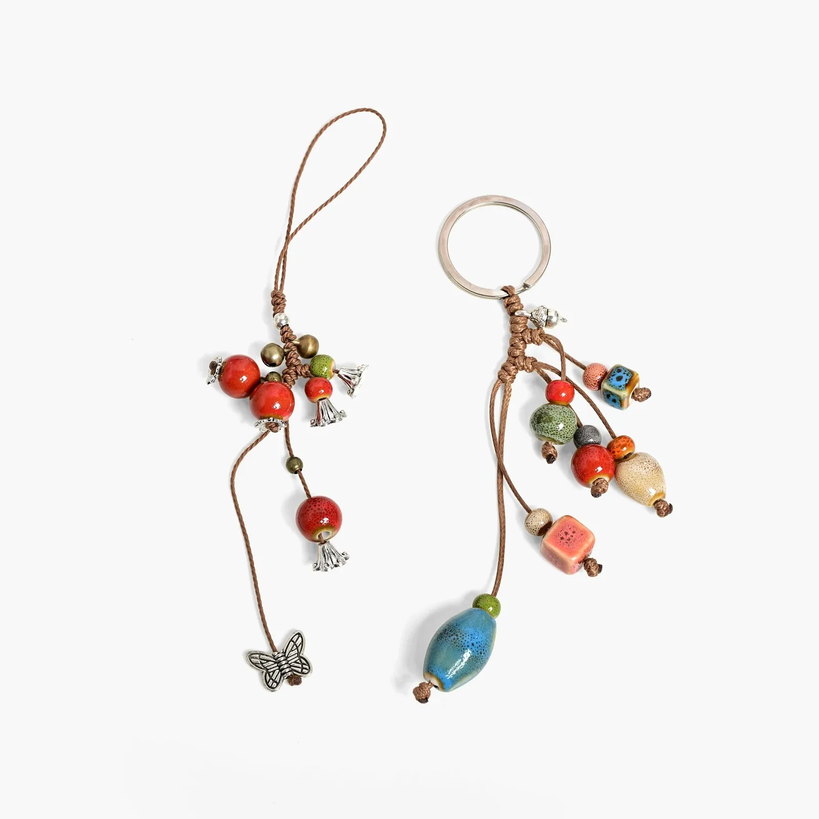 Handmade Ceramic Bead Bag Charm Hand Woven Wax Cord Accessory with Metal Fittings 6mm 10mm Ceramic Beads Y260705-02