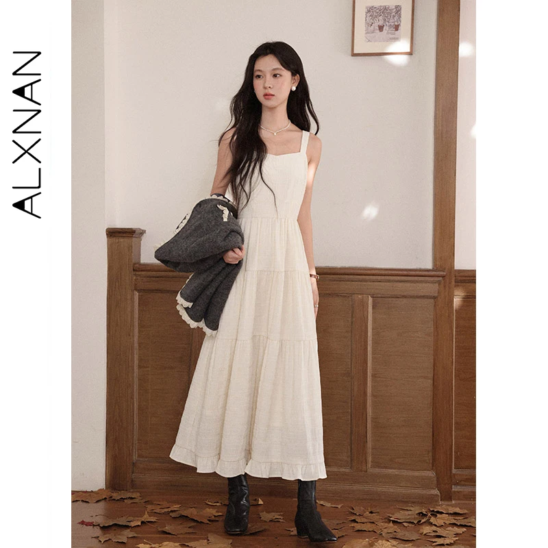 

ALXNAN Apricot Dress Autumn Square Neck Lace Trim Patchwork Sleeveless Halter Dress New Elegance Gentle Travel Long Dress L58315