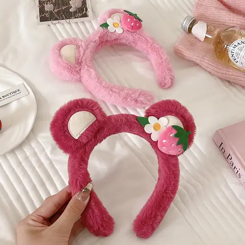 Erdbeerbär-Plüsch-Stirnband für Damen, süße Mode, Mädchen, Gesichtswasch-Haarband