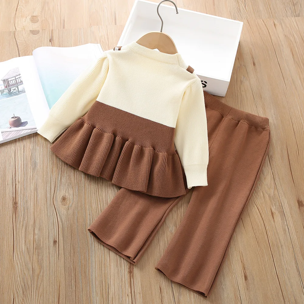 Girls' sweater set 2024 autumn/winter new fashion girls fake two knitted long-sleeved tops + pants two sets 2-6 years old