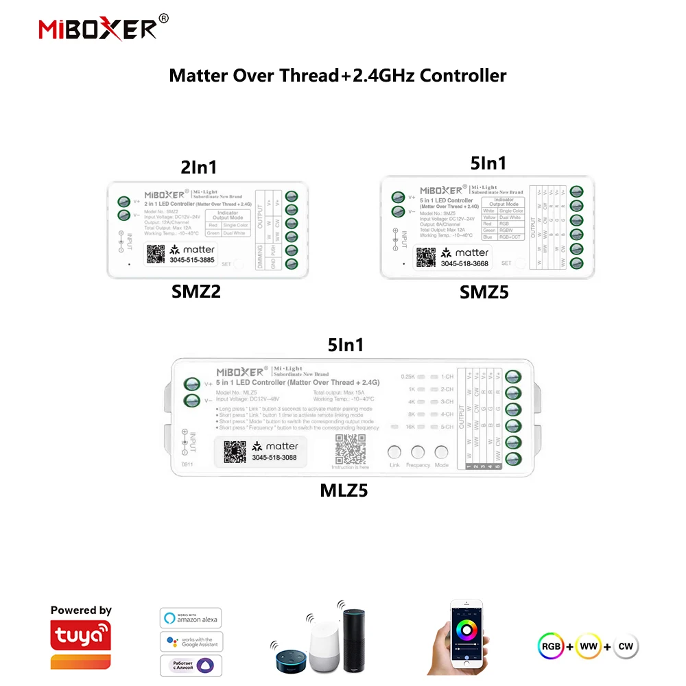 Controlador Miboxer MLZ5 DC12-48V 5 em 1 Matter via WiFi+2.4GHz com Controle por Aplicativo Tuya para Fita LED RGB RGBW RGBCCT de Cor Única/Dupla