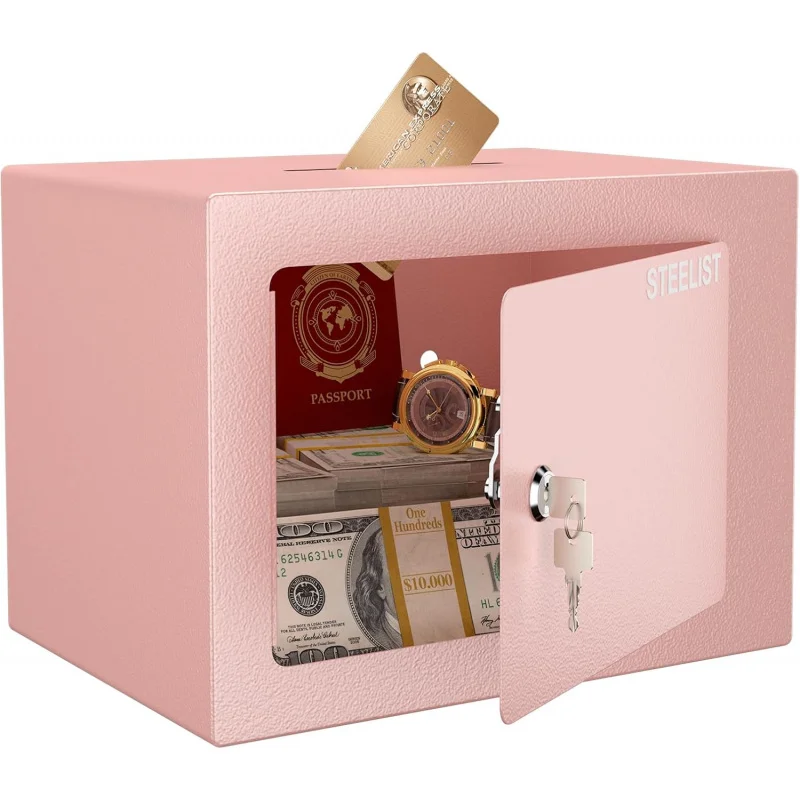 صندوق خزنة صغير بمفتاح، أموال وردية، تخزين المجوهرات النقدية، قفل، 0.23 كوبي