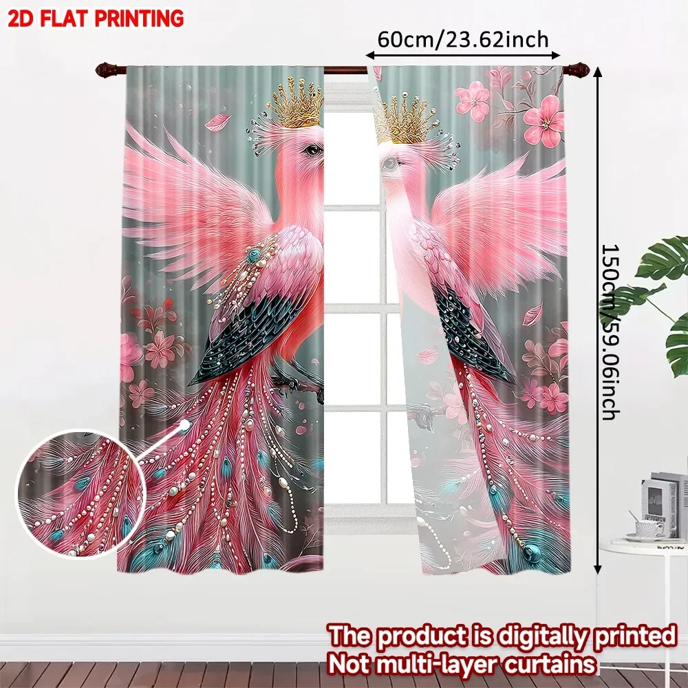 2pcs Crowned Pink Bird Curtains Royal Birds with Colorful Feathers Blue Gem Tails on Floral Gray Background Luxurious Bedroom