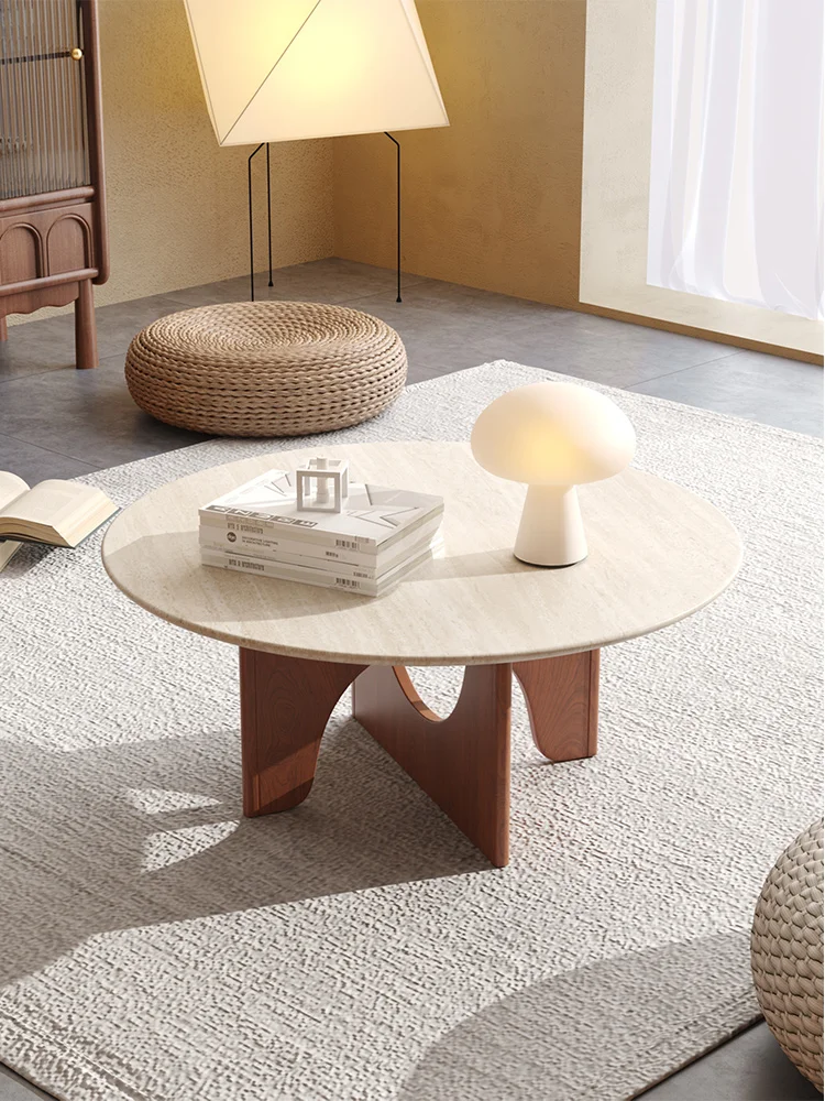 Meja kopi kayu solid lempengan batu travertine