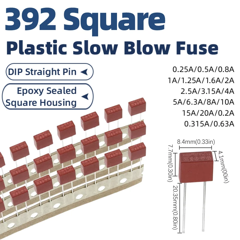 10PCS 392 Square Slow Blow Plastic Fuse 250V T0.5A~T20A DIP Time Delay Fuse for LCD TV Power Supply