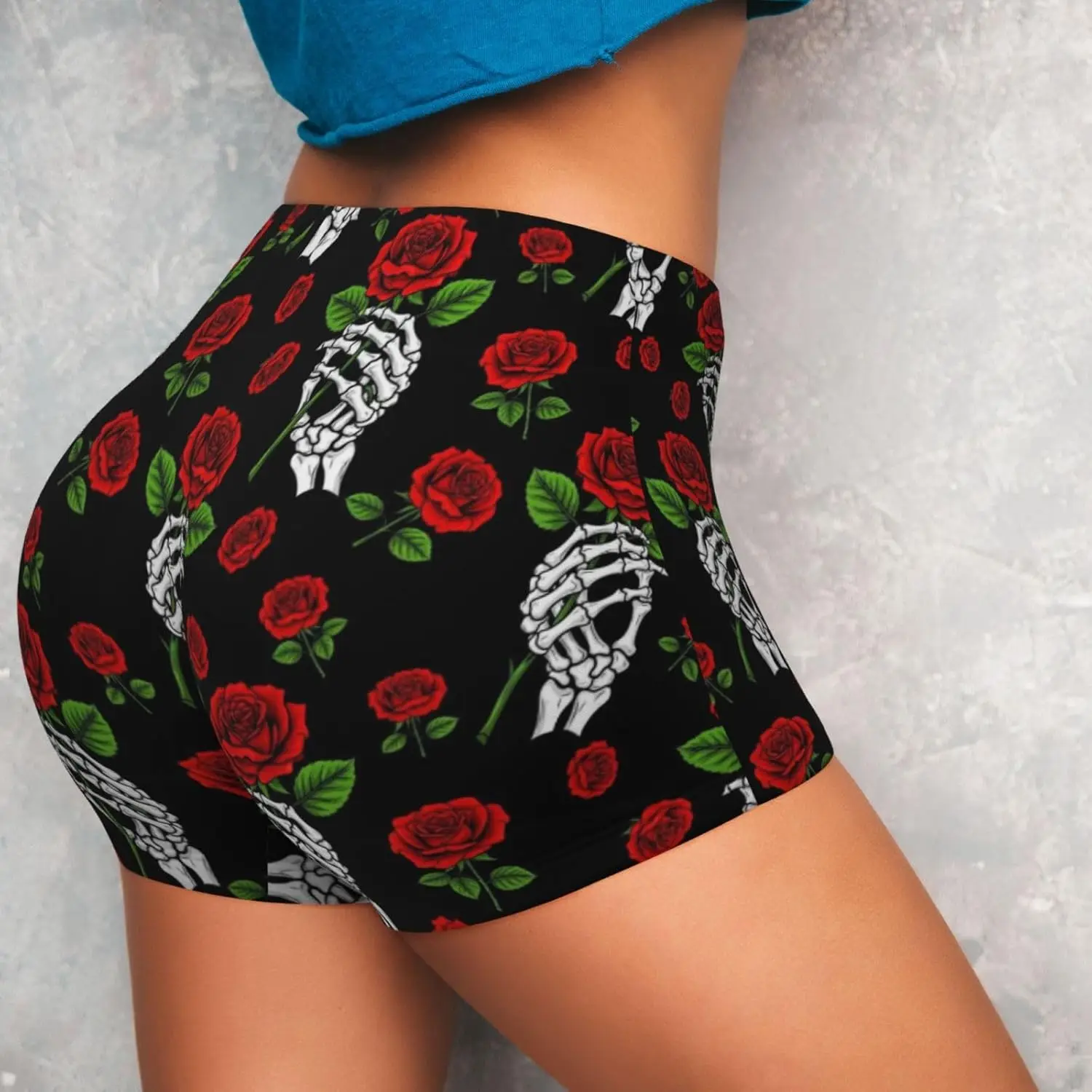 Pantaloncini da motociclista da donna per ragazze gotiche con rosa e teschio, a vita alta, per allenamento, pallavolo, yoga, pantaloncini in spandex morbidi