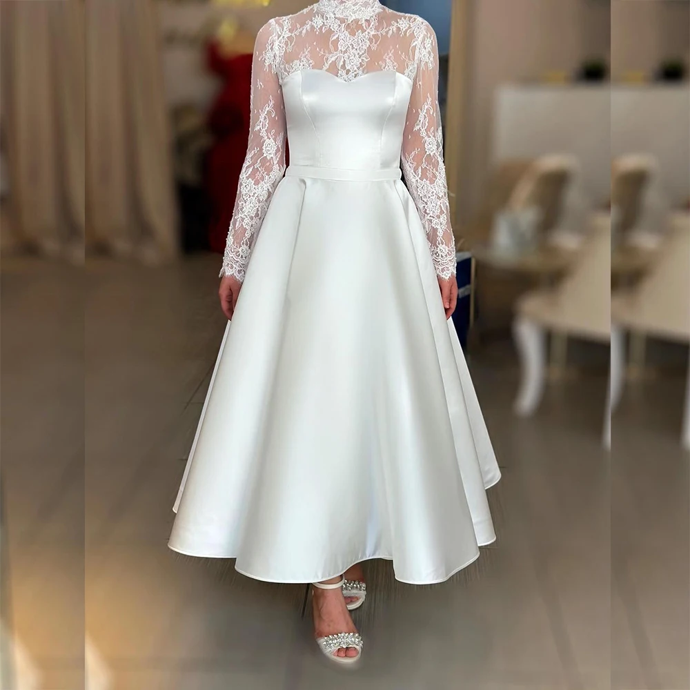 Elegant White A-line Wedding Dresses High Neck Lace Long Sleeve Tea-Length Formal Wedding Party Bridal Gown Custom Made Vestidos