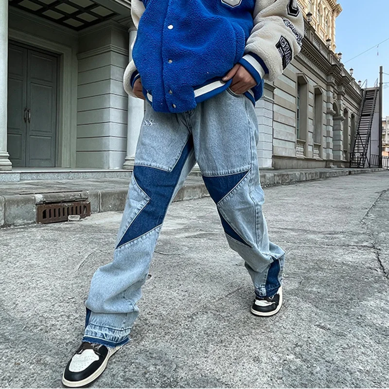 Fashion Stars Hip Hop Jeans Contrasting Colors Patchwork Straight Jeans Pants Mens Retro Ripped Oversized Casual Denim Trousers