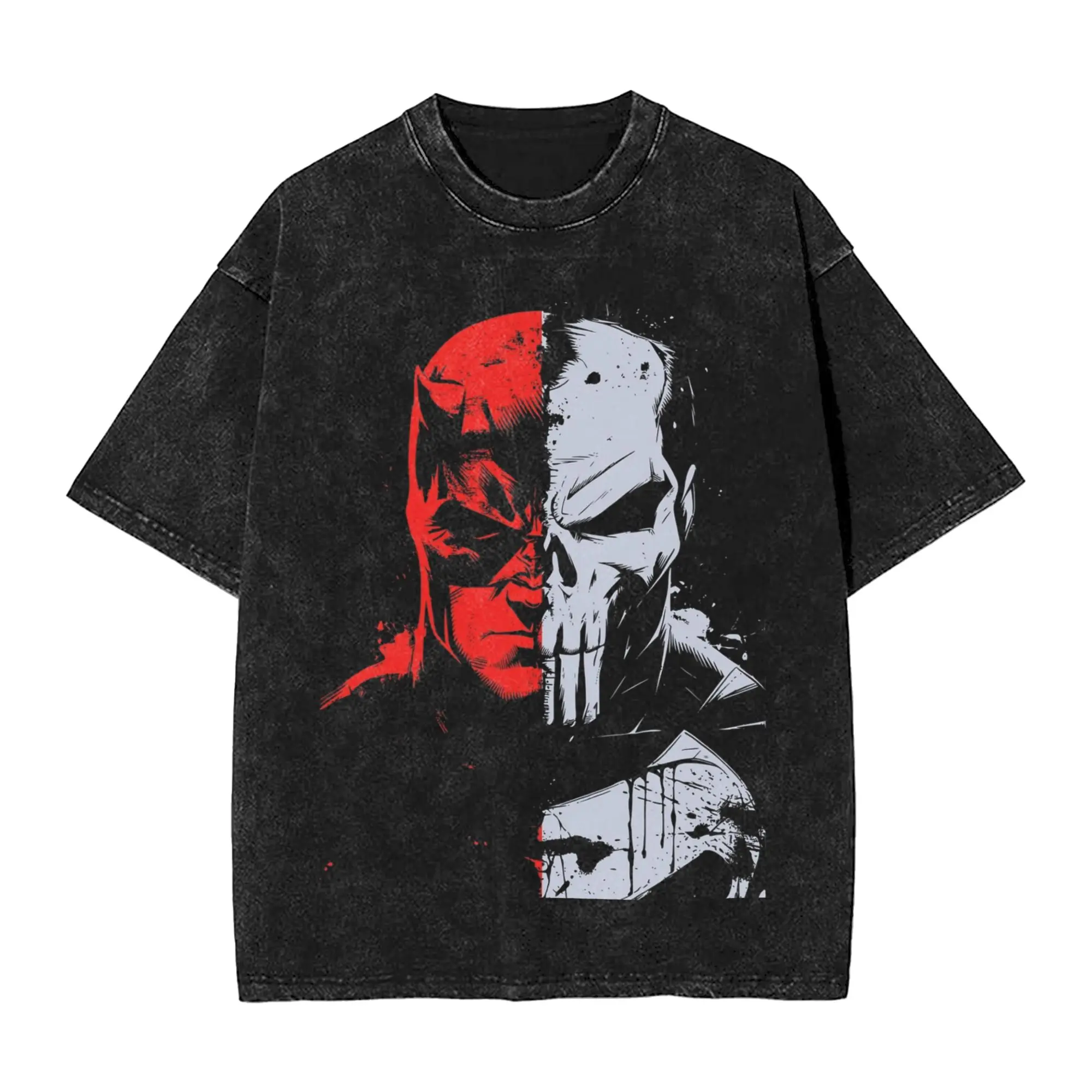 Harajuku Daredevil Punisher CALM AND CHAOS  DD TP Face Washed Tshirts Men O-neck Short Sleeve Tops  100%Cotton Summer Top Tee