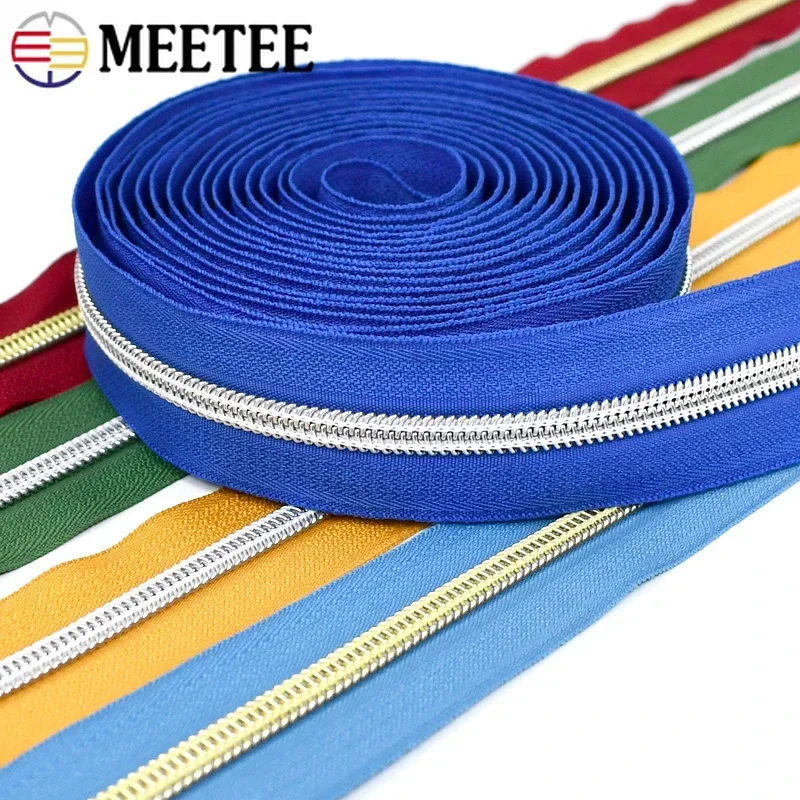 2/4/10Meters Meetee 5# Nylon Zippers Tapes Gold Silver Teeth Zipper for Sewing Bag Zips Heads Garment Repair Kit DIY Accessories