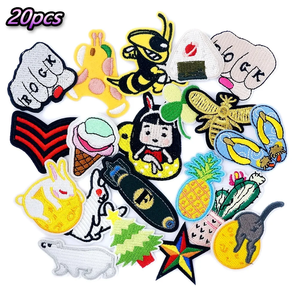 20Pcs/Lot Rabbit Polar Bear Honeybee Set Iron on Patches for Clothing Patches Embroidered Applique Clothes Patch Sticker