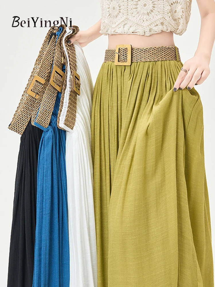 Beiyingni Women's Maxi Skirt Summer Beach Boho Holiday Long Pleated Skirts Female Belt Casual Solid Color Korean A-line Jupes