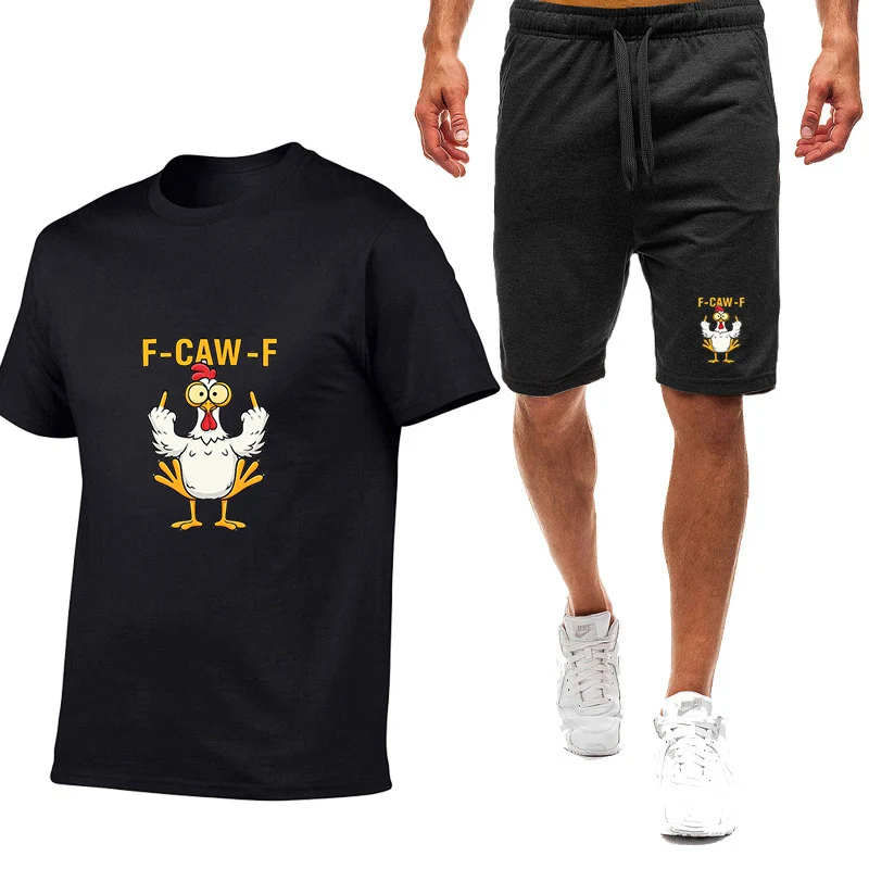 

2026 F Caw F Chicken Print New Men's Good Quality Summer Comfortable T-shirts + Shorts Nine Color Short Sleeved Suit