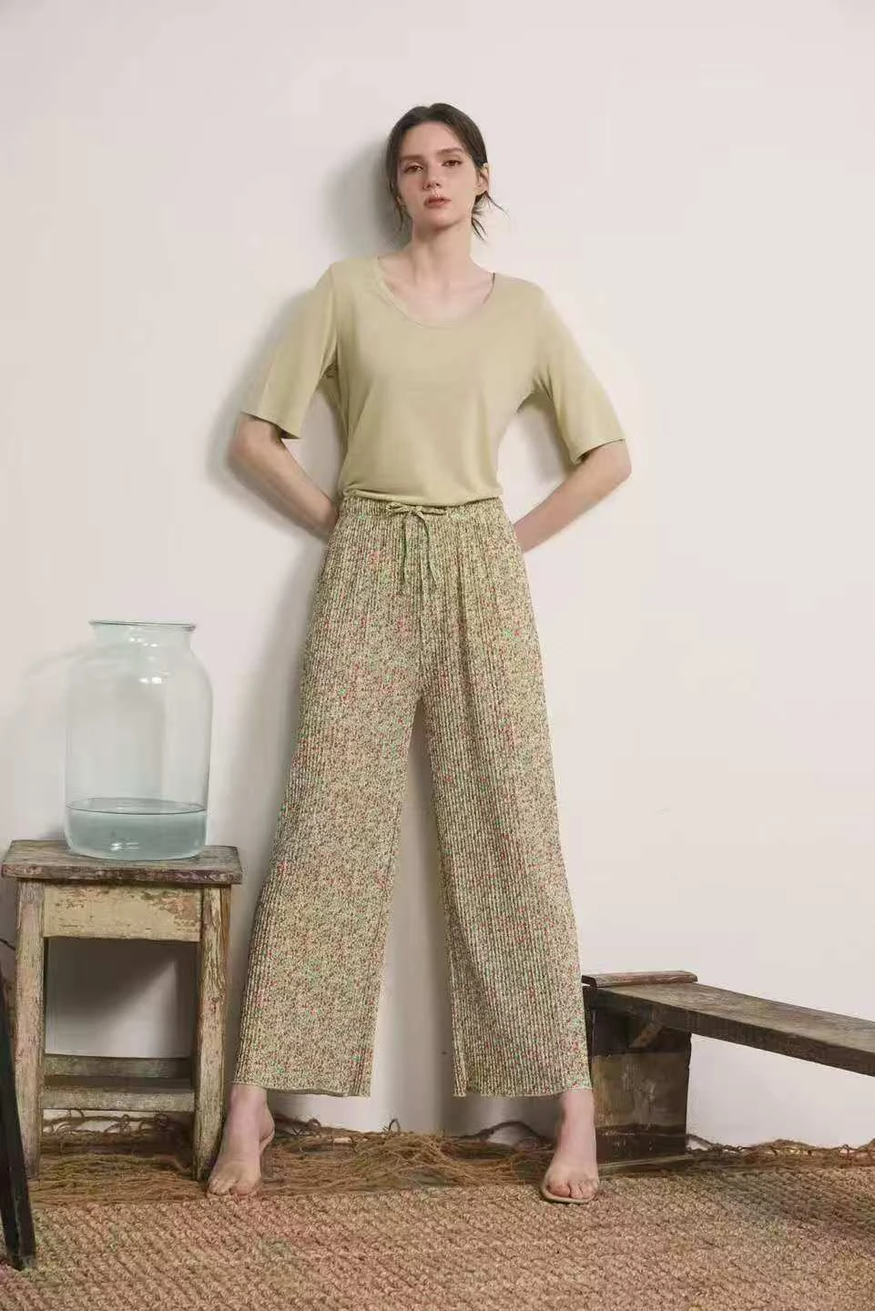 Grandma's Ice Silk Pants Sleepwear Walking Pants Long Pants Floral Pattern Summer Home Clothes for Women Youth Size Waist