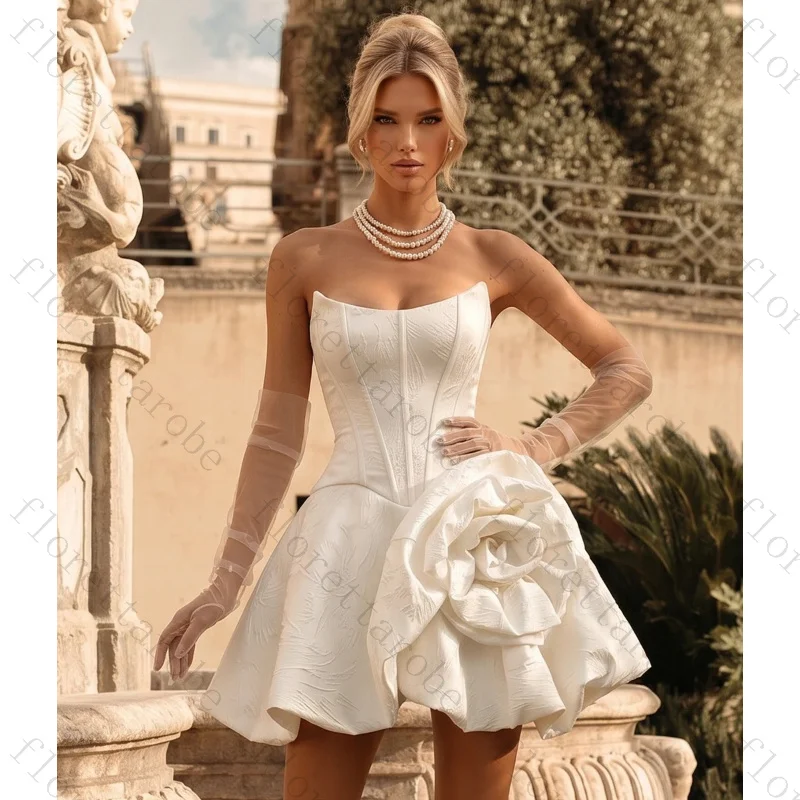 Customized Strapless Sweetheart White Mini Wedding Dress Big 3D Flower Satin Bubble Hem A-Line Corset Lace Up Back Bridal Gown