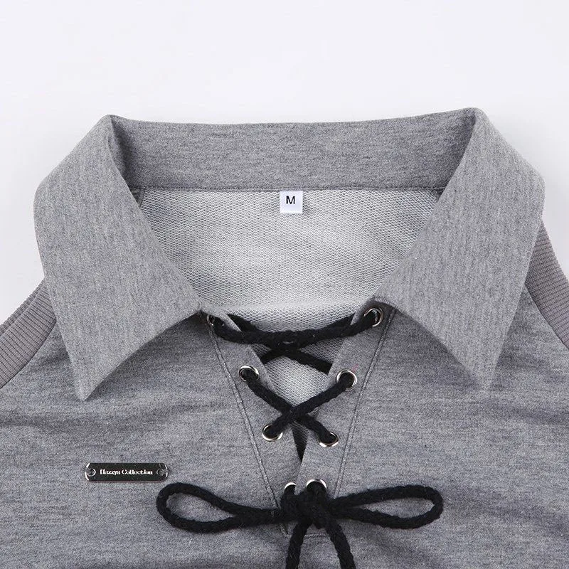 Y2K Off Shoulder Sweatshirt Women Fashion Bandage Gray Short Crop Tops Woman Streetwear Hollow Out Sequins Long Sleeve Clothing