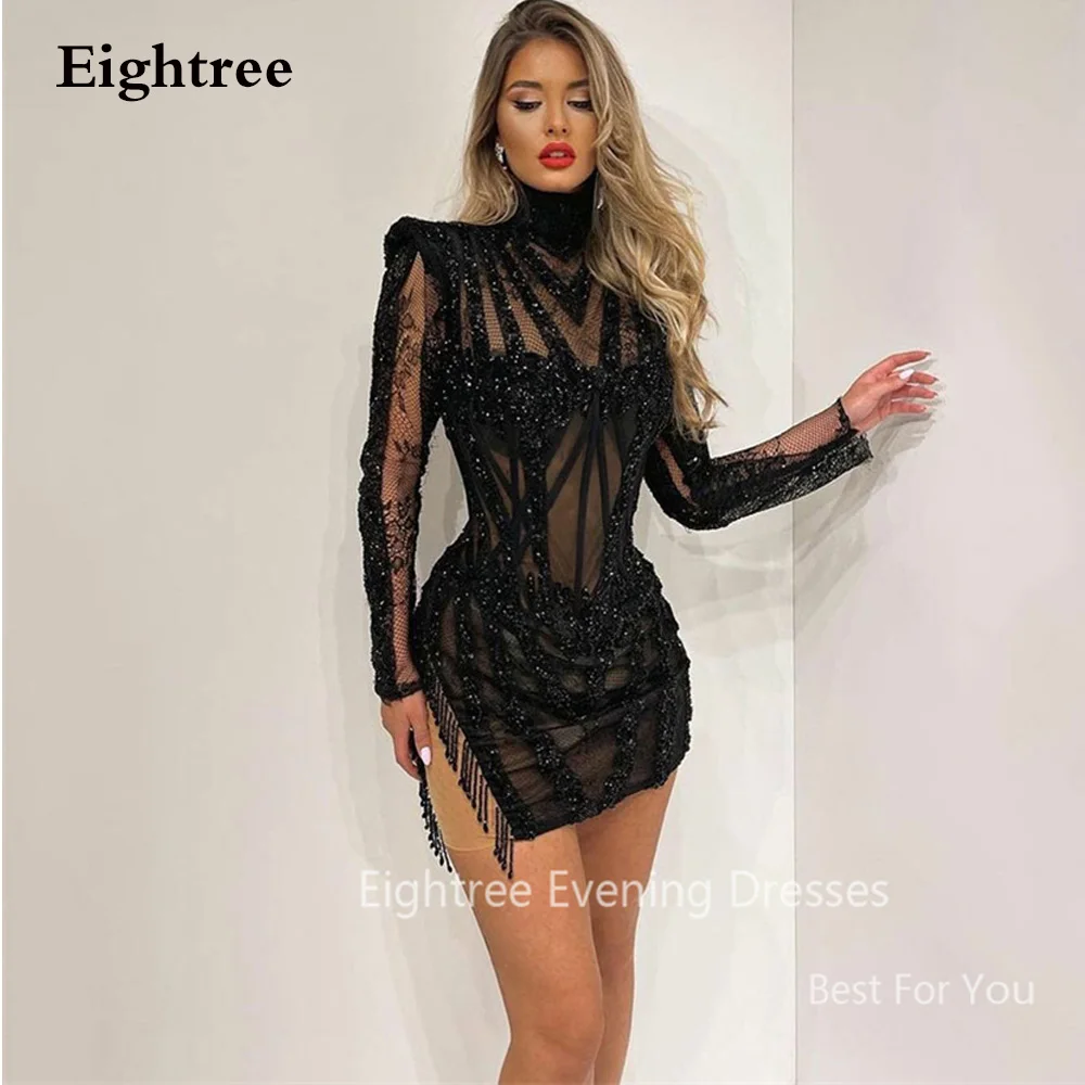 

Eightree Sparkly High Neck Short Cocktail Party Dress Black Long Sleeves Beads Women Evening Dresses Mermaid Special Prom Gowns