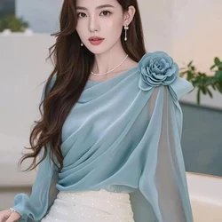 Spring Autumn New Solid Color Solid Color Long Sleeve Blouse Women High Street Casual Floral Patchwork Pullovers Elegant Tops