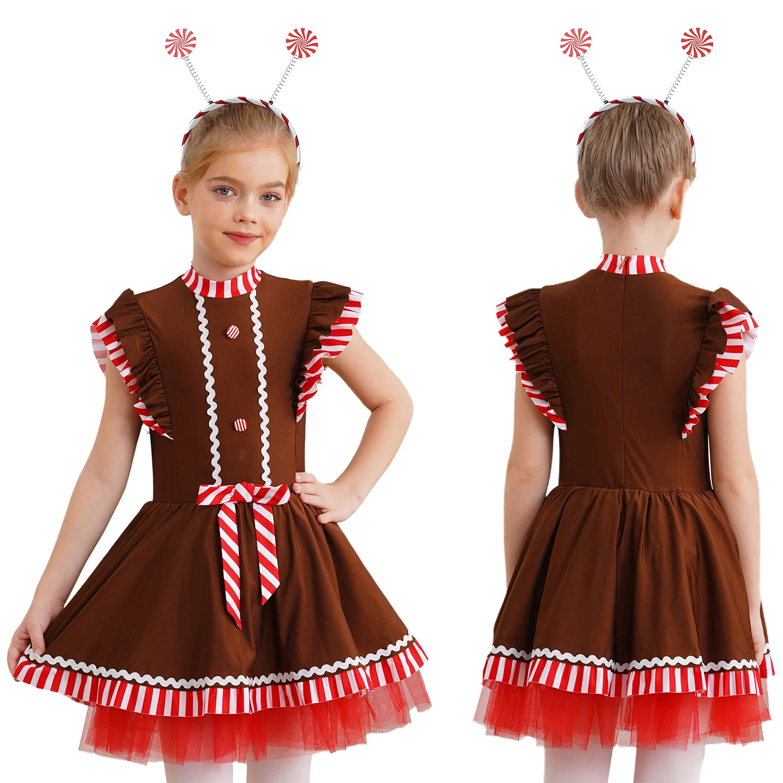 Vestido de leotardo con tutú de baile a rayas y manga voladora de Navidad para niñas con aro para el pelo de piruleta, disfraz de Cosplay de hombre de jengibre de Navidad
