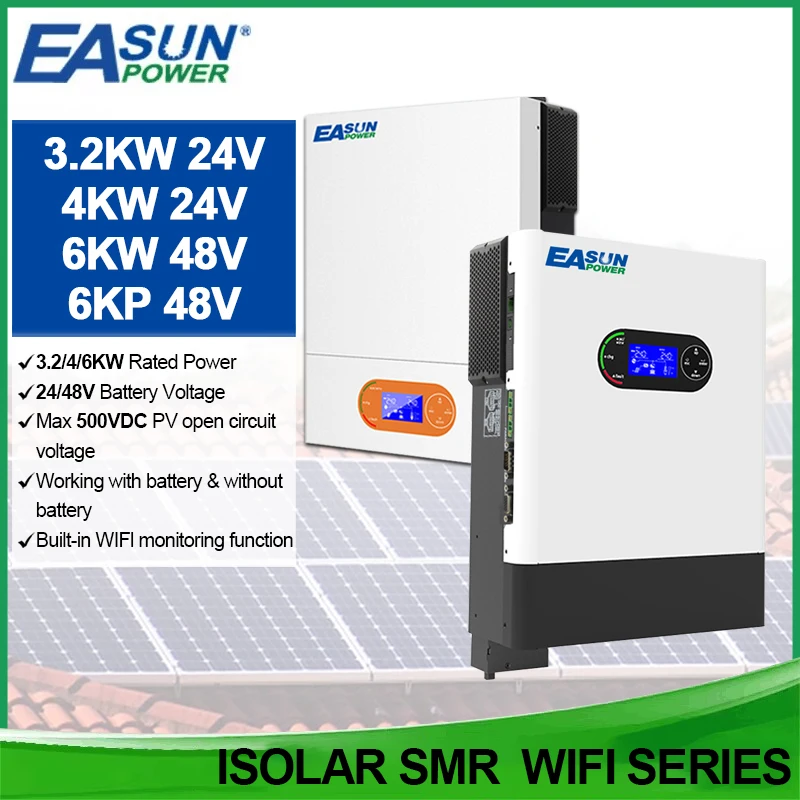 Easun 6000w 4000w 3200w 48v 24v MPPT Hybrid Off Grid Pure Sine Wave 120a 230v 50/60hz Solar Inverter Charger Support WIFI