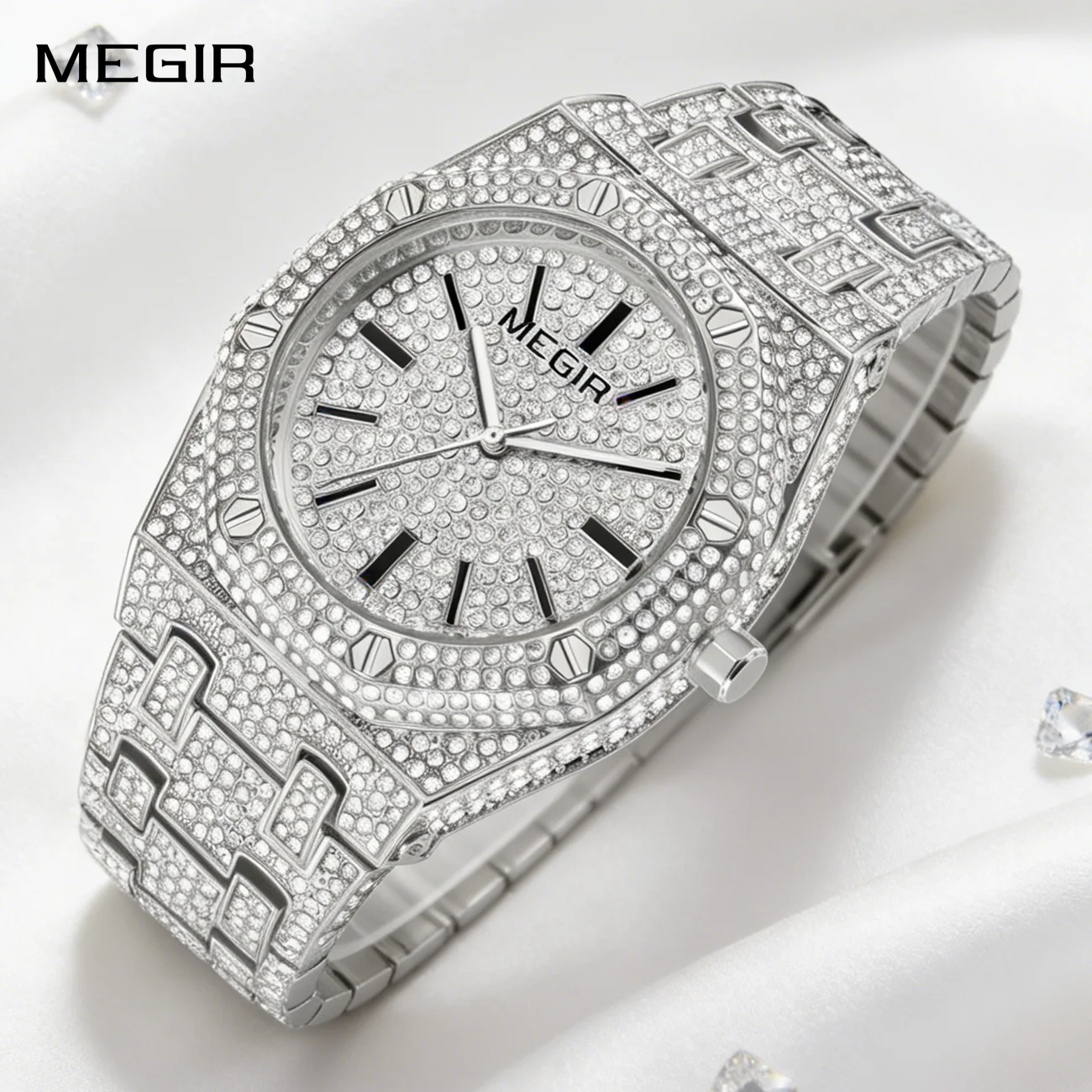 

Роскошные мужские кварцевые часы MEGIR с бриллиантами, циферблат 42 мм, ремешок из нержавеющей стали, водонепроницаемые часы 3ATM, деловые повседневные часы
