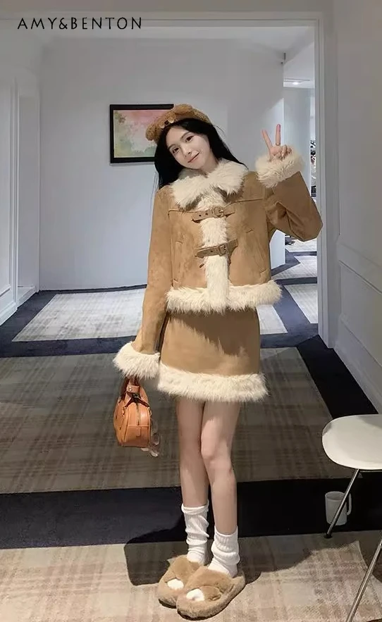 

2025 Autumn Winter Korean Style Pink Short Skirt Two-Piece Set High-End Coffee Color High-Waisted Slim Long Skirt Set