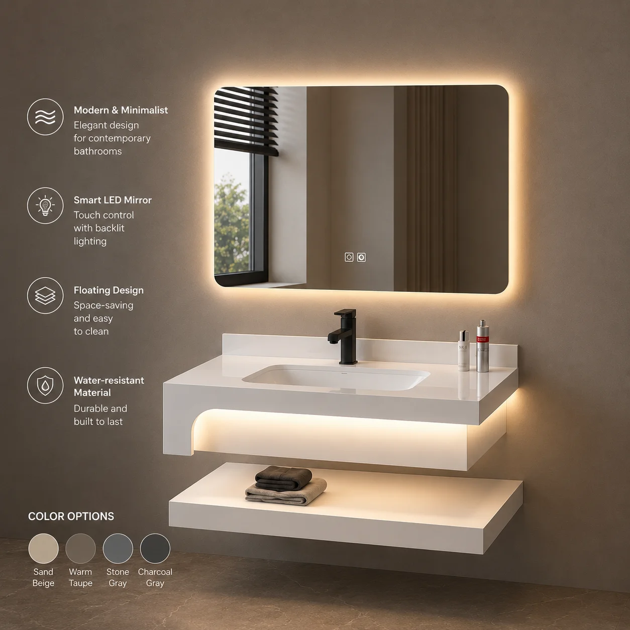 Home Living Bathroom Vanity - ตู้ห้องน้ำสไตล์โมเดิร์นฟาร์มเฮาส์ อ่างล้างหน้าเซรามิก พร้อมไฟ LED ในตัว กระจกอัจฉริยะ
