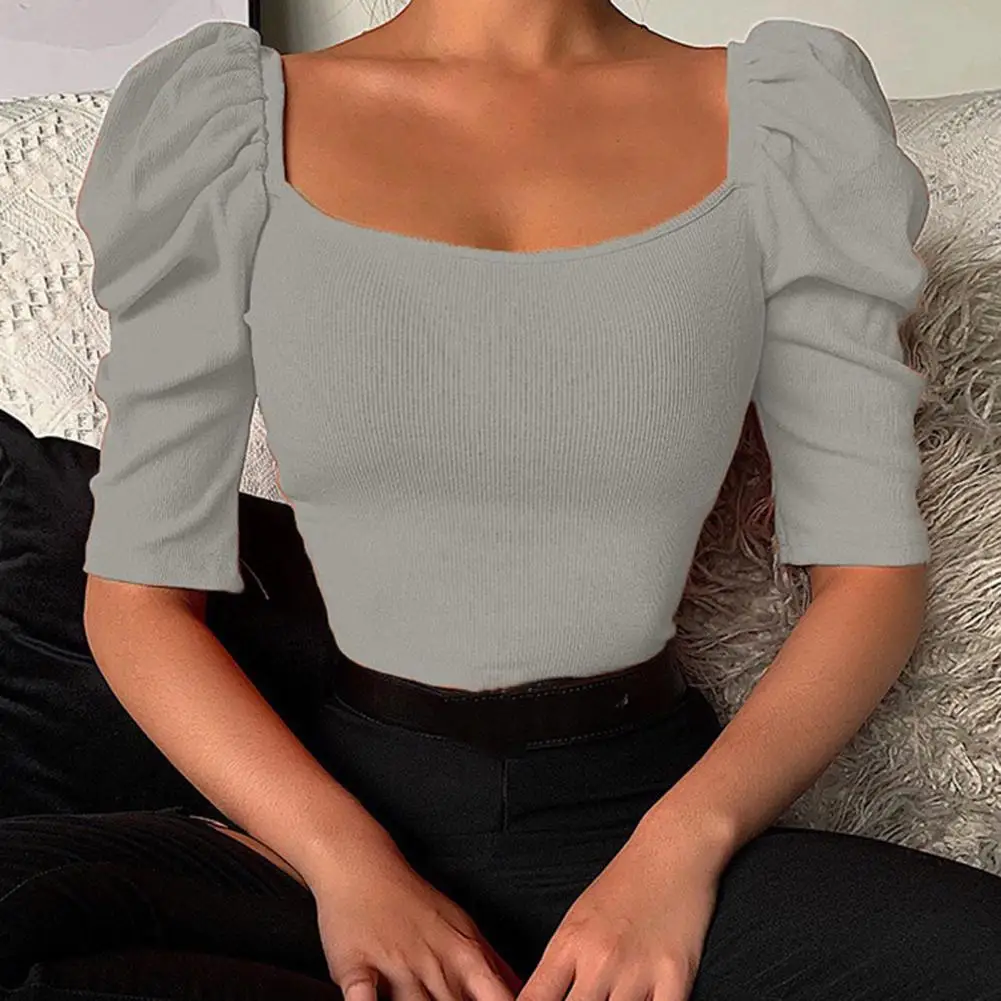 Elastic Women Top Fine Workmanship Women Pullover Top Cotton Blend Women Blouse Half Puff Sleeve Short T-shirt футболка