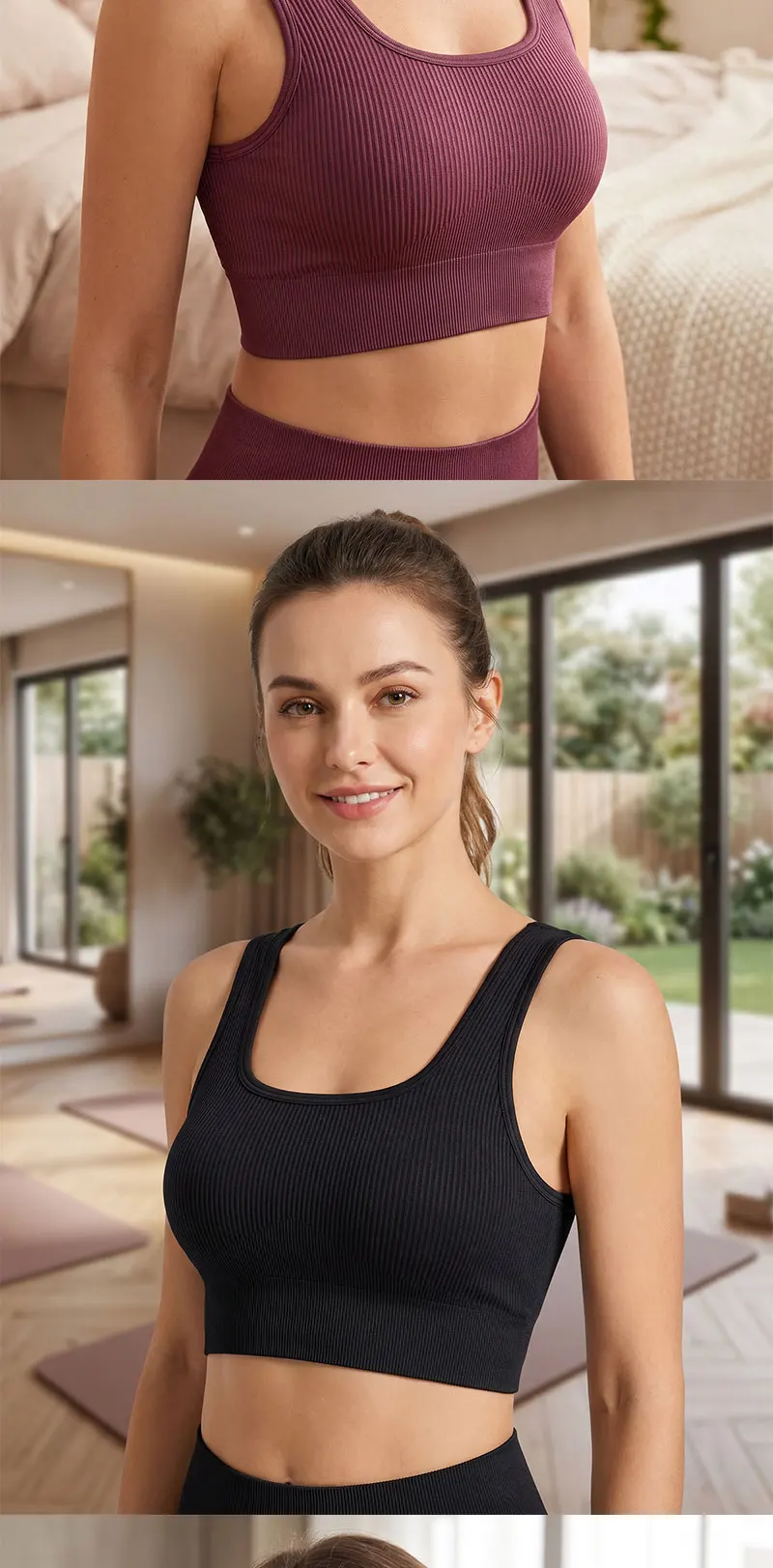 Nahtloses geripptes Crop-Tanktop für Damen, gepolsterter BH, quadratischer Ausschnitt, ärmellose Sportweste, hohe Dehnbarkeit, weich, atmungsaktiv, Fitness-Yoga-Top – Detail 3