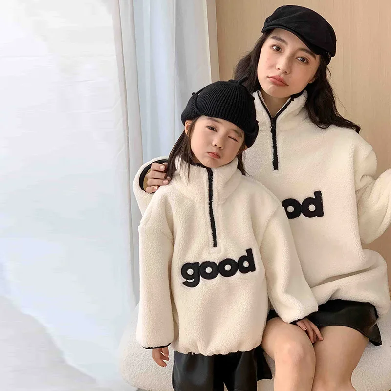 Warm Fleece Sweatshirts for The Whole Family 2023 Winter Father Mother and Baby Girl Boy Thick Tops Mom Dad Daughter Son Clothes