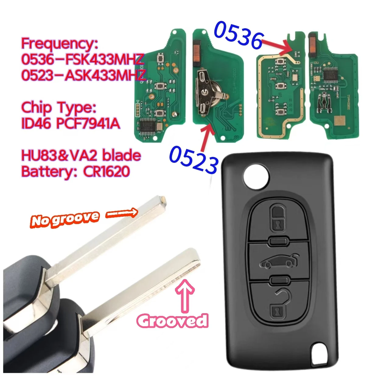 Jingxin 3-Tasten CE0536/CE0523 ASK/FSK 434MHz Fernbedienung Autoschlüssel für Citroen C4 C5 C6 C8 Xsara Picasso für Peugeot 107 207 307 308 – Detail 1