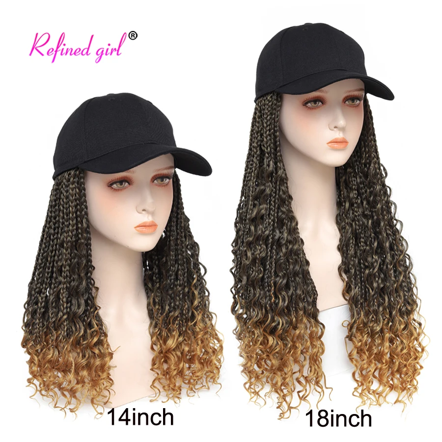 Synthetic Wigs Boho Braids Hat Wig Baseball Cap with Curly Ends Knotless Box Braiding Hair For Black Woman Ombre Black Brown