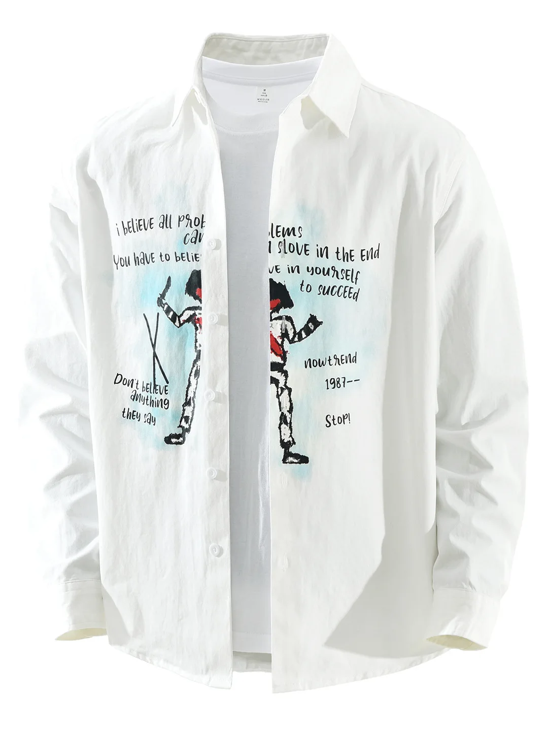 

Trendy Personalized Print Long Sve Cotton irt Men's Faionable Versatile Artistic Casual Loose Top Pure Cotton Collar S...