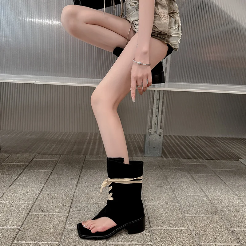 Suede Clip-Toe Herringbone Sandals Flat-Soled Strap Thick Heel Trouser Boots Outdoor Wear Women's Shoes Sandalias Mujer Verano
