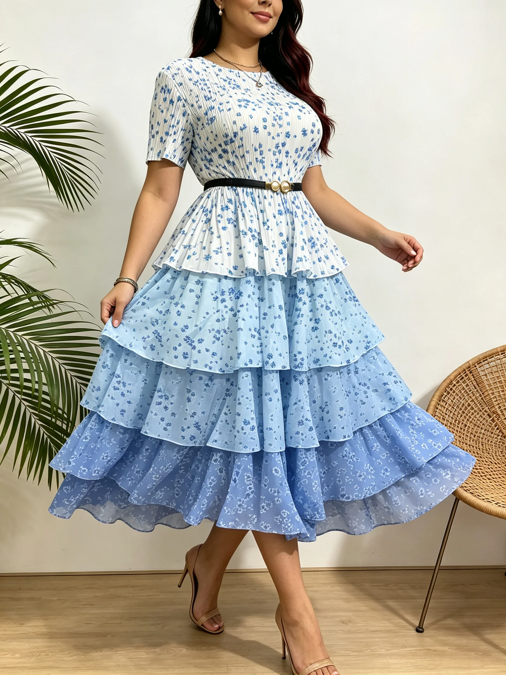 Women Floral Layered Maxi Dress Gradient Belted Short Sleeve Ruffle Cake Dress Elegant Evening Party Casual Long Dresses