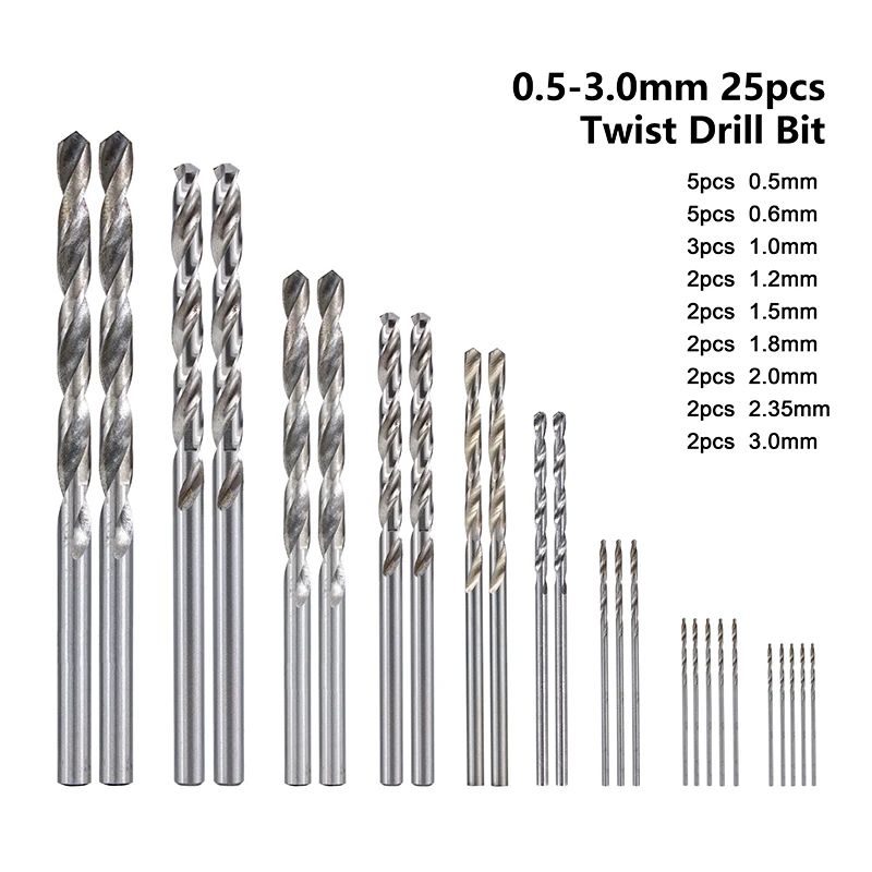 HSS Twist Drill Bit 25pcs Wood Metal Hole Drilling 0.5mm-3.0mm Gun Drill Bit Woodworking HSS Hole Cutter Mini Drill Bit