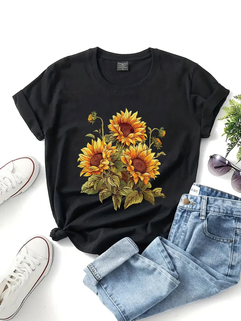 Sunflowers Print Summer New Short Sleeve Women Clothing T-Shirt Harajuku  Women\'s Tee Tops