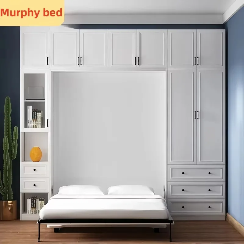 Modern European Style Integrated Foldable Wall Bed With Invisible Desk Simple Panel Bookcase Flip Folding Murphy Bed