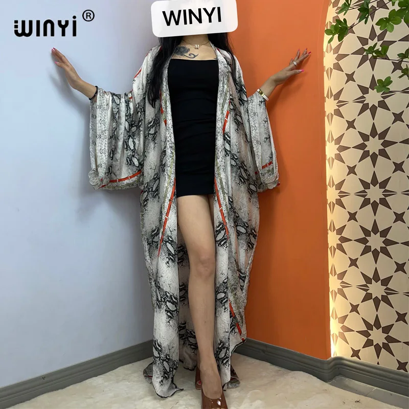 

WINYI summer Classic snake print Women Cardigan Loose Long Dress elegant Party Boho Maxi beach Holiday Cover Up Kimonos kaftan