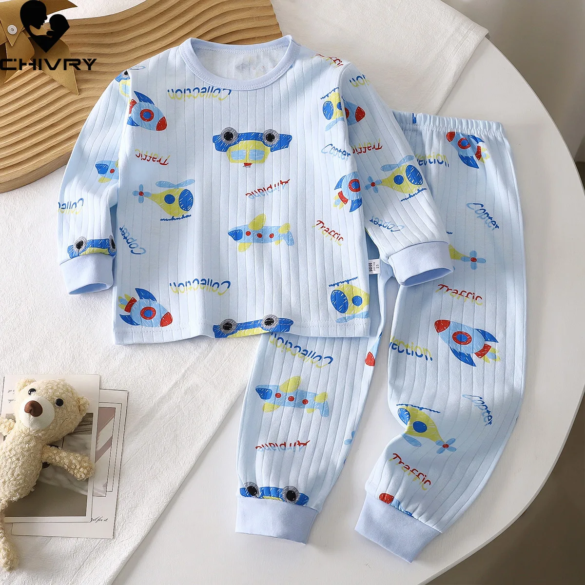 

Kids Autumn Pure Cotton Warm Pajamas Boys Girls Cute Cartoon Long Sleeve T-Shirt + Pants Toddler Baby Underwear Clothing Sets