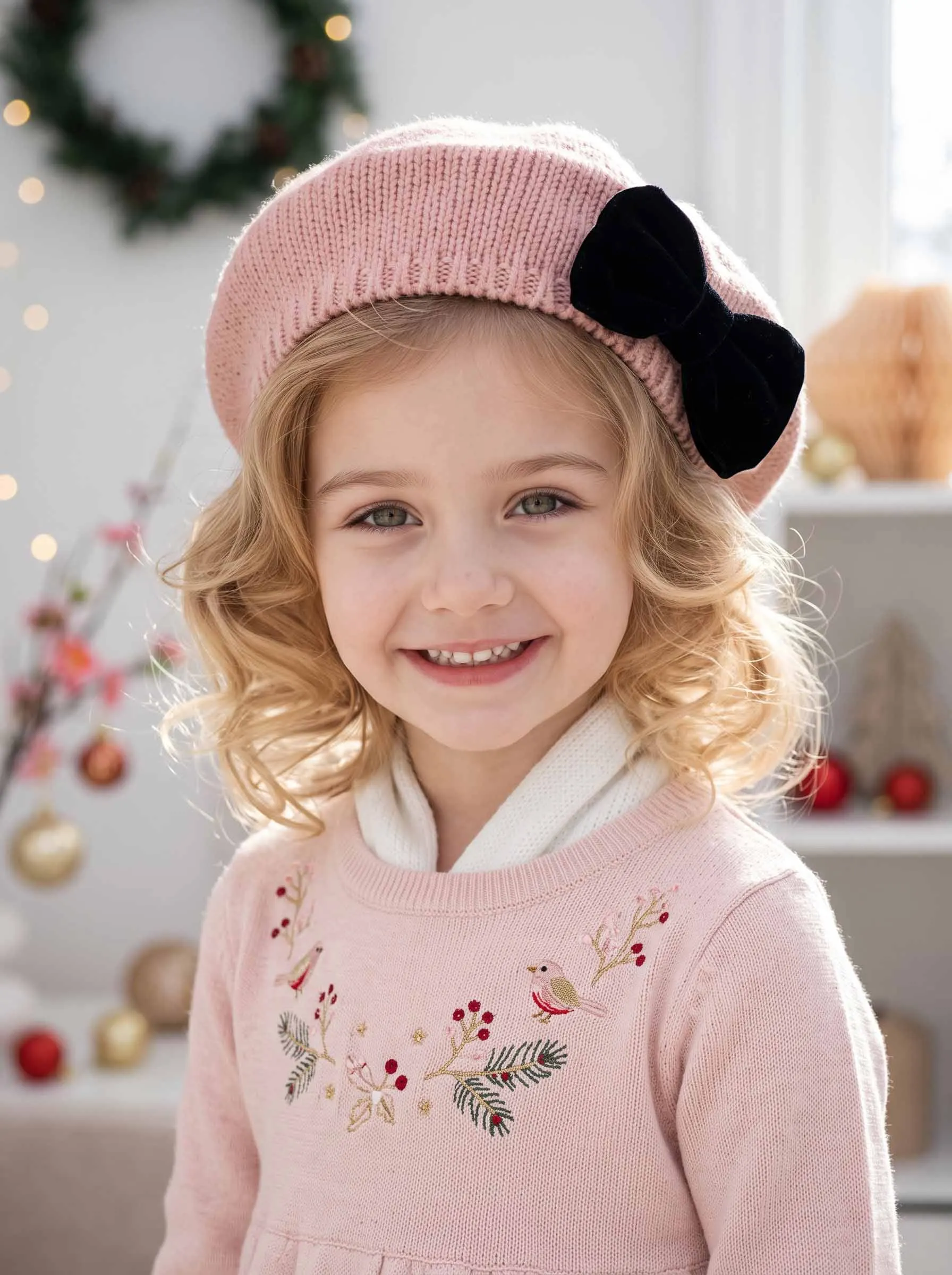 1 unidad de gorro de punto de terciopelo para bebés y niñas, gorro estilo pintor con decoración de lazo rojo para niñas pequeñas de 2 a 8 años