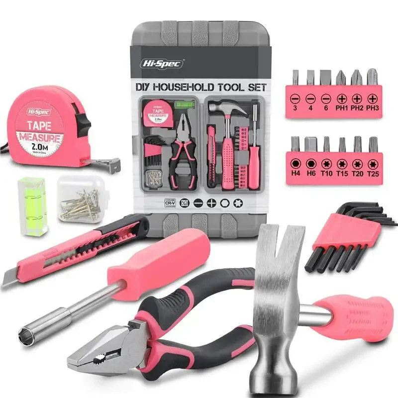 

Pink DIY Household Screwdriver Set Combination Hexagon Repair 59 Pieces Toolbox Household Pliers Wrench Set Women