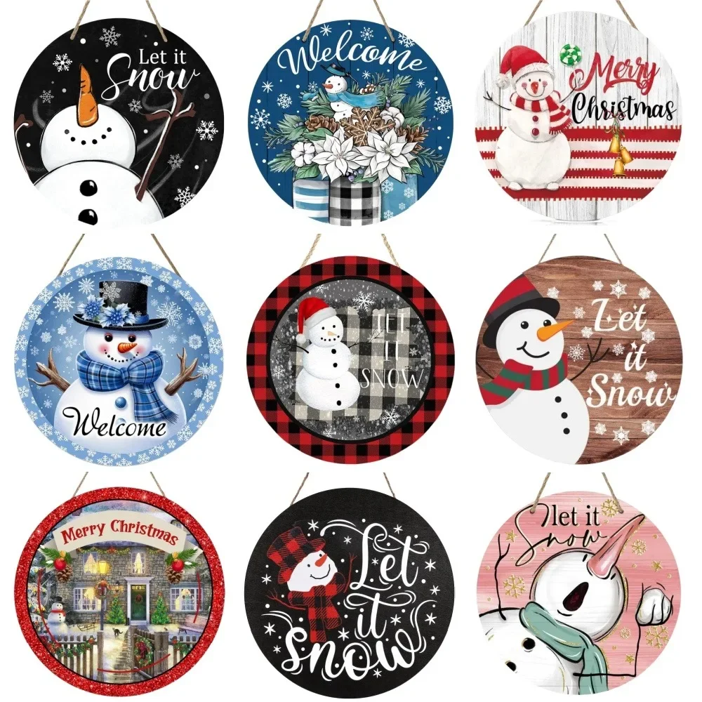 Deroro snowing christmas snowman round wooden sign with snowflakes winter holidays for porch home interior wall decoration