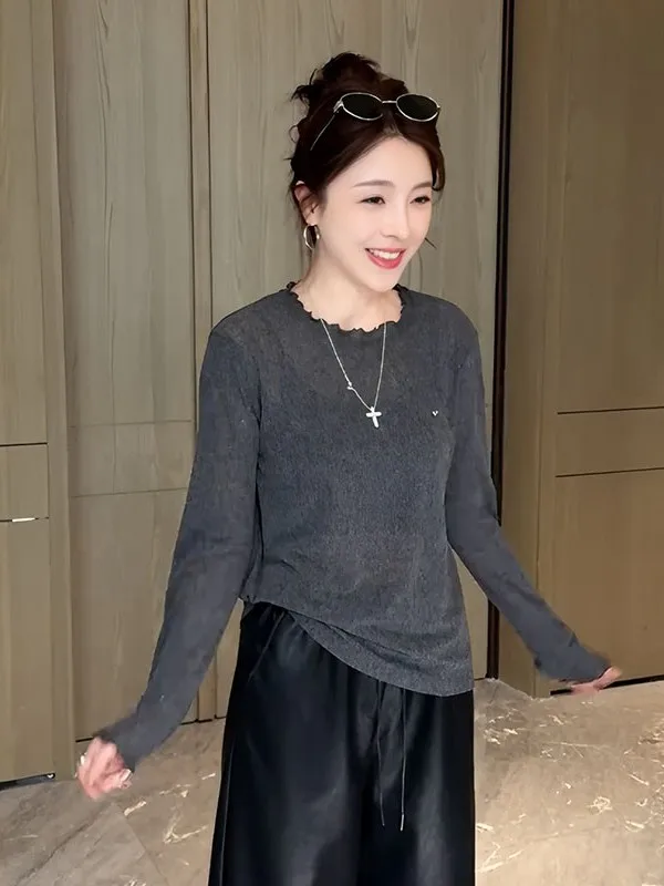 Loose Long Sleeve Women's T-shirt Gray Micro-Light Breathable Casual Style Korean Fashion Wooden Trim plus Size Top