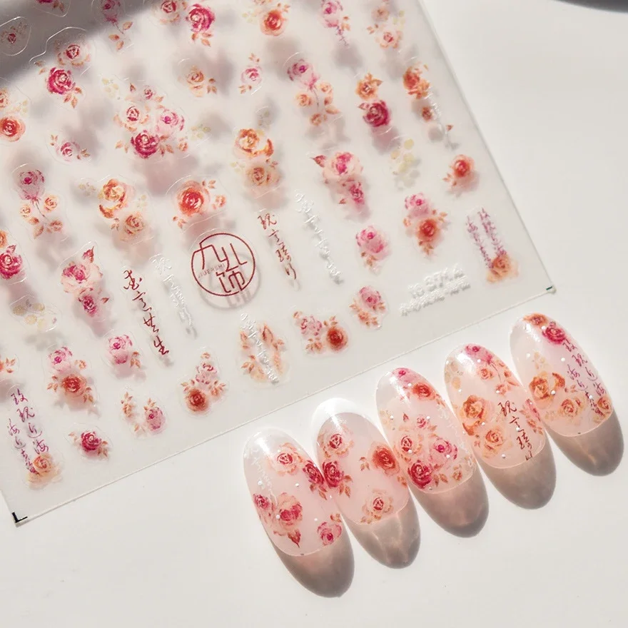 สีน้ํา Halo ย้อมสี Rose ดอกไม้สีแดงสีฟ้า Hot Stamping Love Dressy 5D Self กาวตกแต่งเล็บสติกเกอร์เล็บ Decal