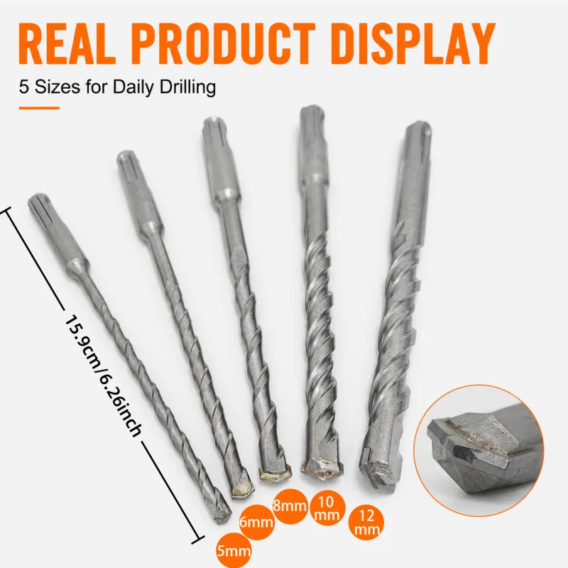 5Pcs SDS Plus Rotary Hammer Drill Bit Set 5/6/8/10/12mm, Carbide Tip Masonry Drill Bits for Concrete, Brick, Block & Wall Drilli