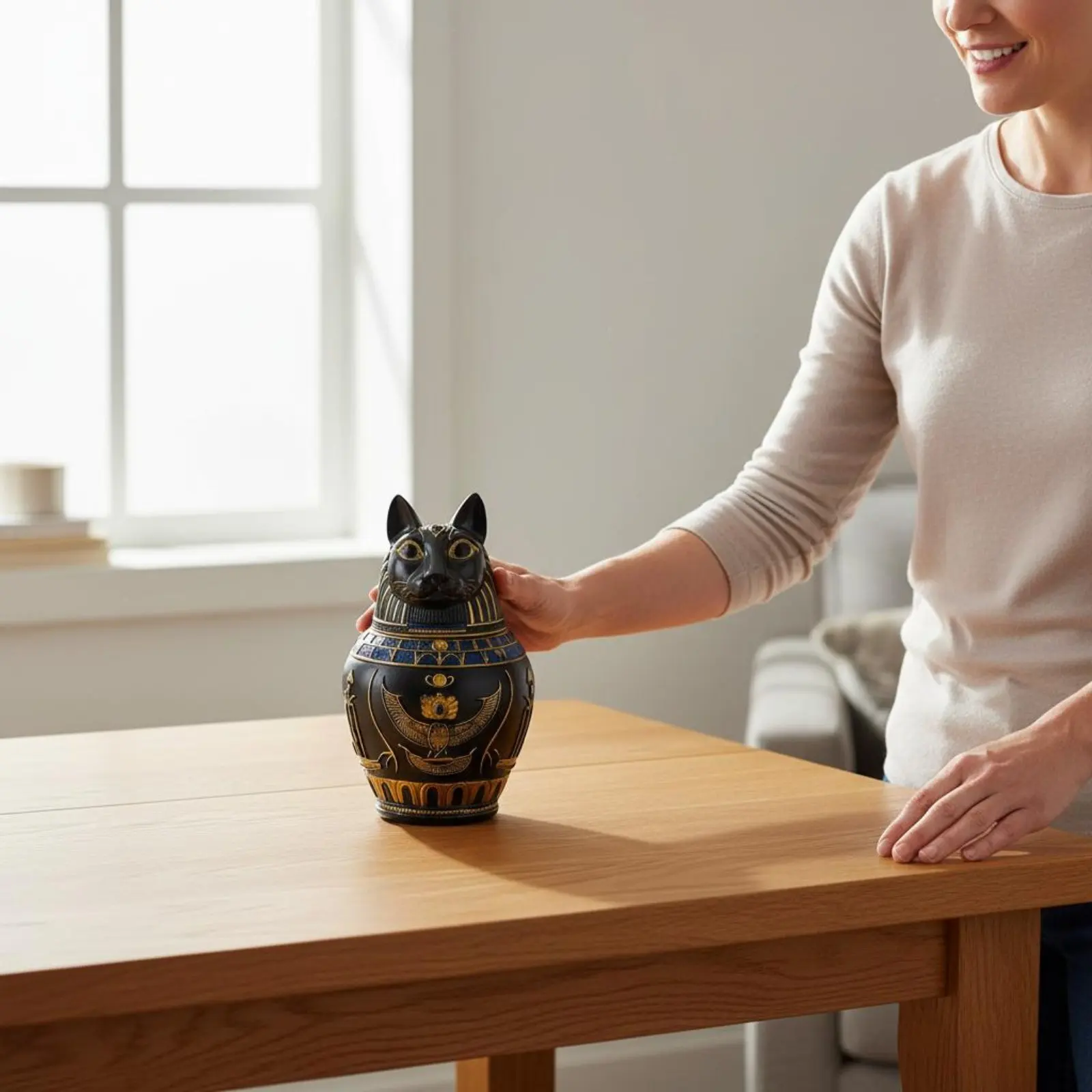 Jarra Colecionável com Cabeça de Gato Bastet, Jarra Canópica Bastet, Urna de Gato do Vale do Nilo, Urna com Cabeça de Figura de Divindade Canina com Entalhes Intrincados