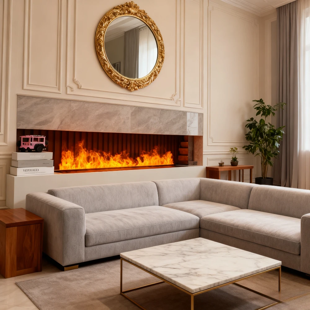 مدفأة ذكية ثلاثية الأبعاد مع لهب LED ملون ECO Premium، مدفأة مصممة لغرفة المعيشة - لوحة زجاجية، مرطب