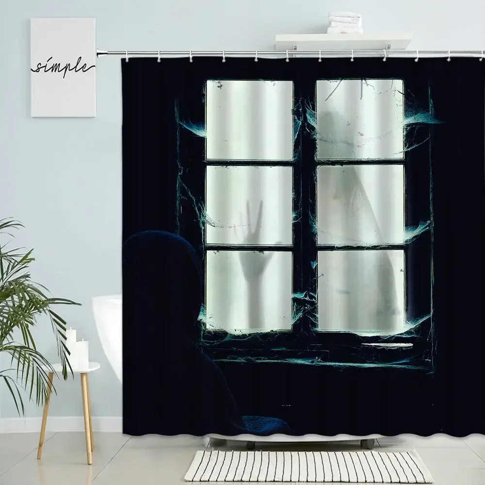 Horror Hand Shadow Window View Shower Curtain Happy Halloween Holiday Bathroom Wall Decor With Hook Waterproof Polyester Screen